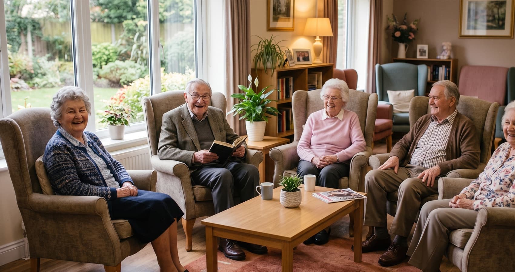 Ferndale residents chatting and laughing together in the bright, homely lounge