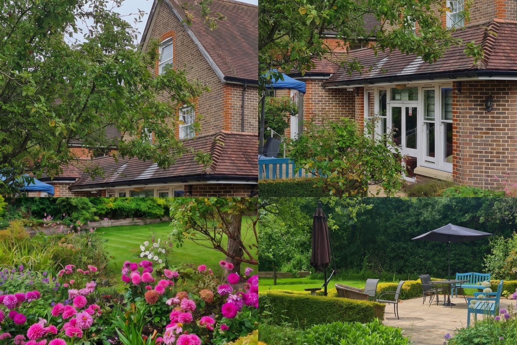 Ferndale's detached house and mature gardens, with flowerbeds and a sunny patio seating area