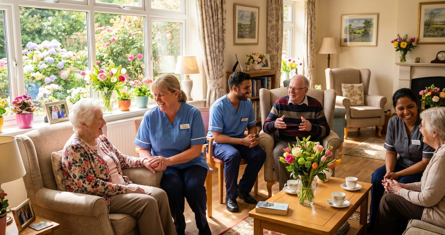 Ferndale carers chatting and laughing with residents over tea in the sunny lounge
