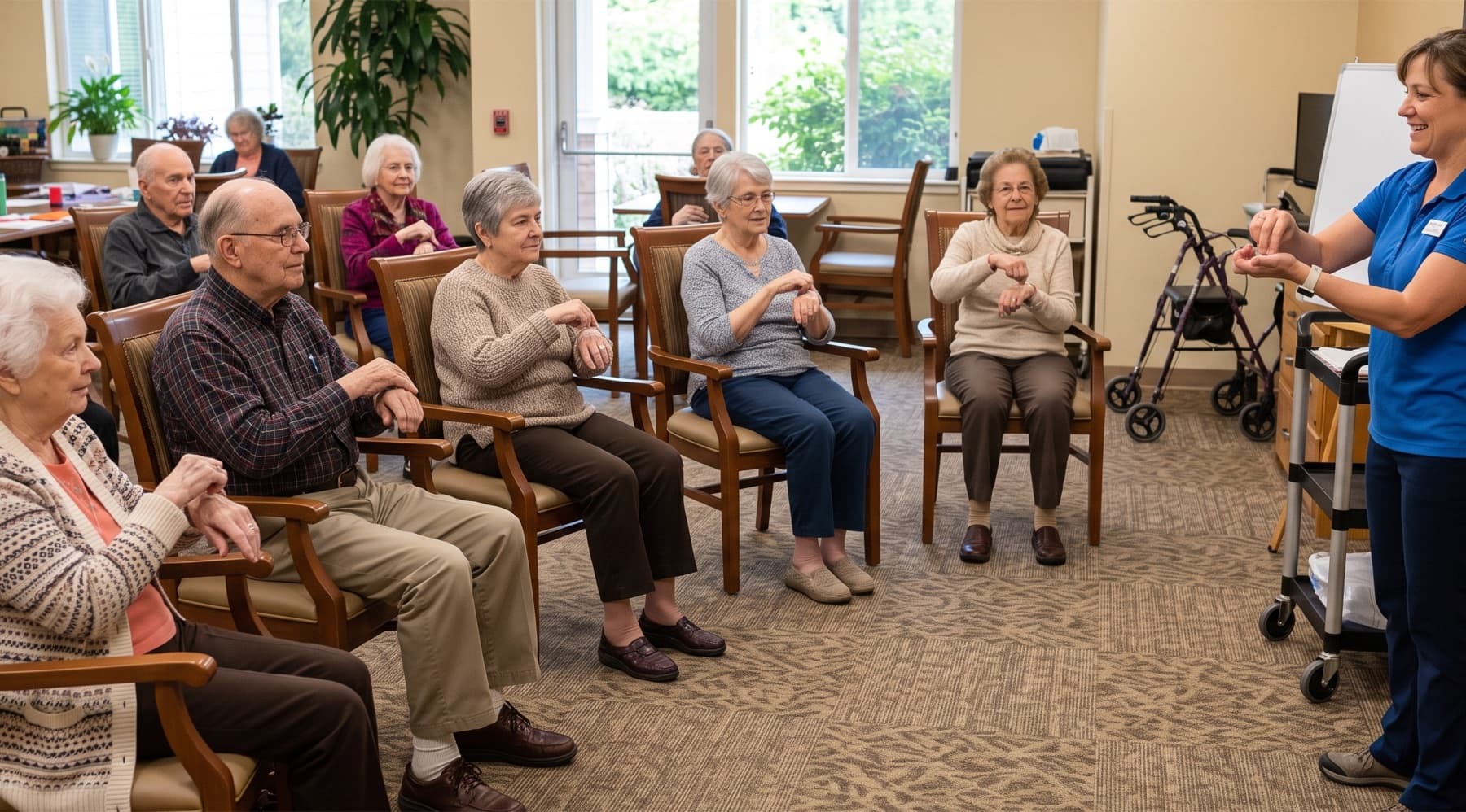 Residents enjoying a seated exercise class together in the Ferndale activity room