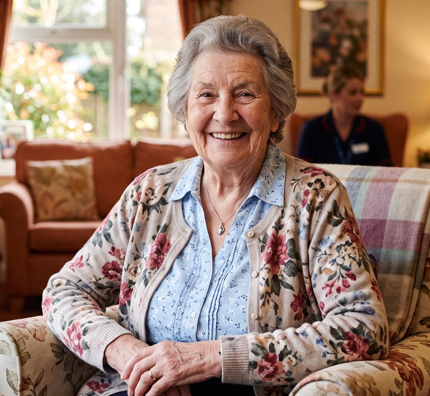 A Ferndale resident smiling in her armchair in the bright, homely lounge