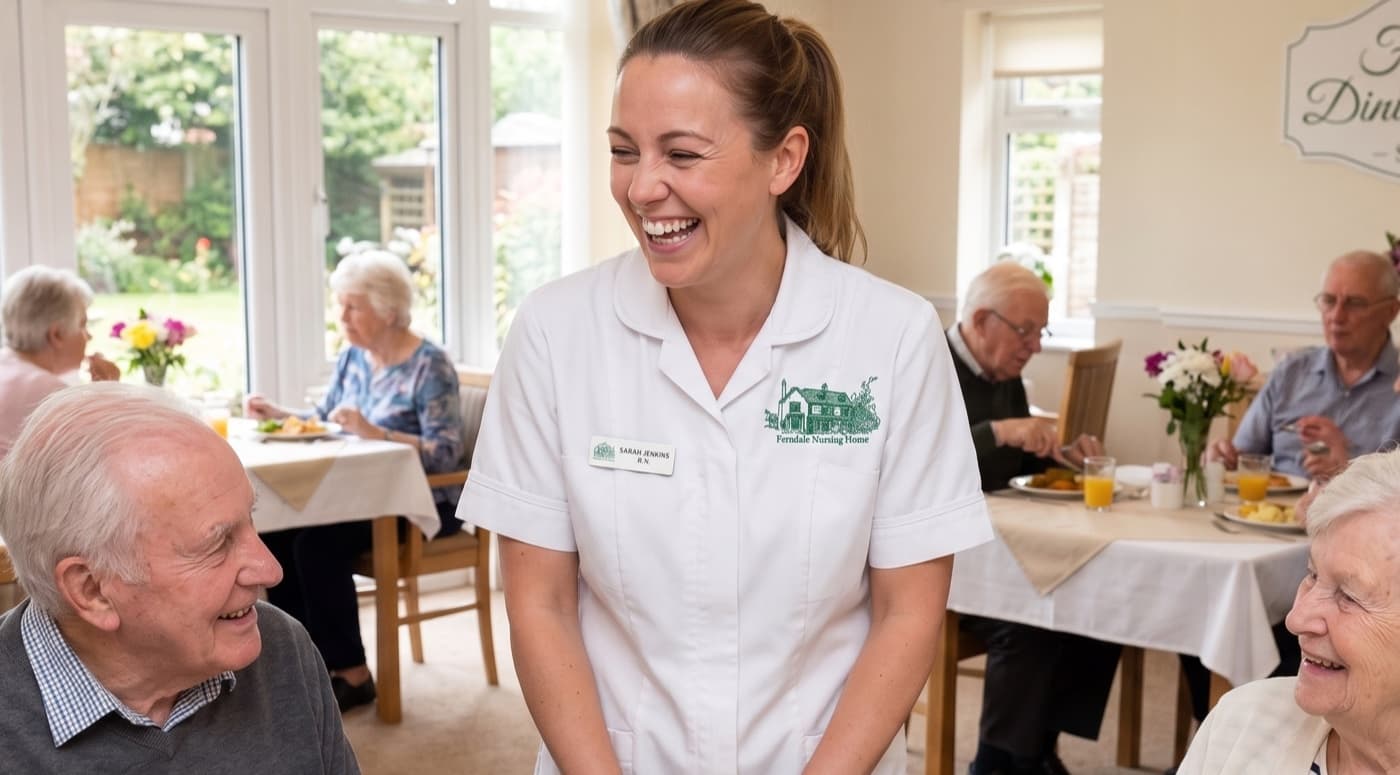 A smiling Ferndale nurse in uniform in the lounge