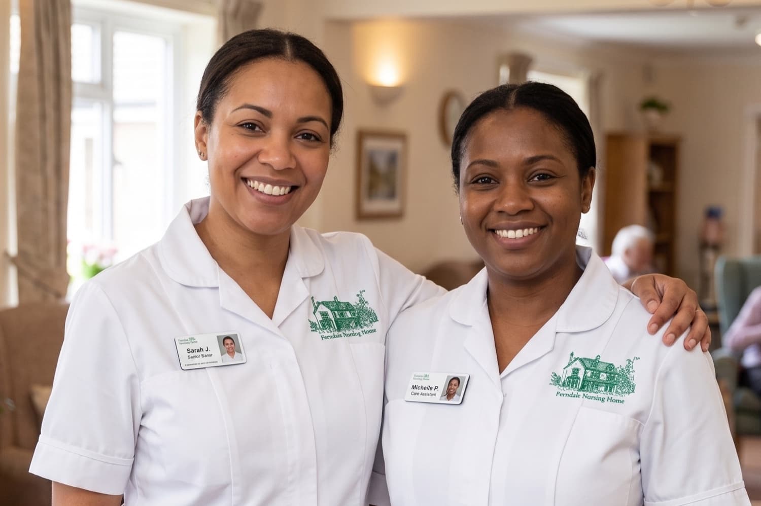 Two smiling Ferndale nurses in branded uniforms in the lounge