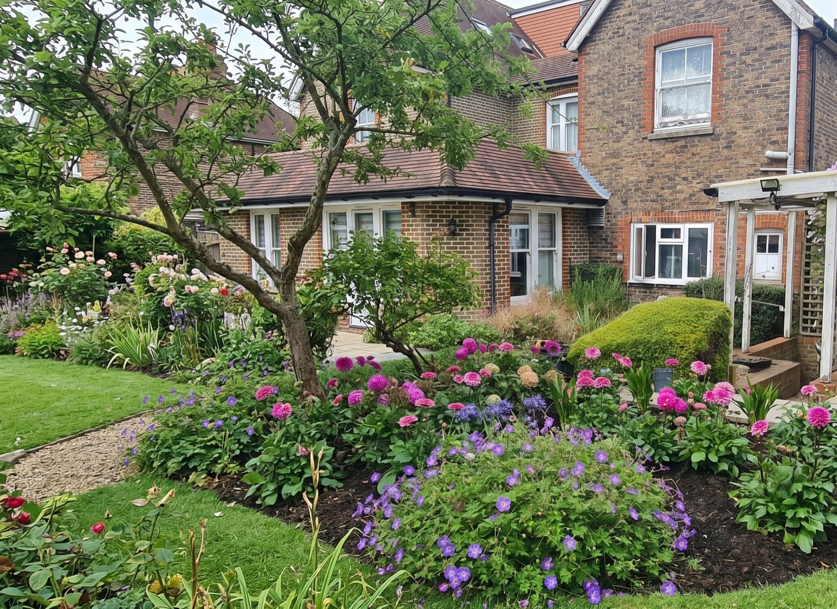 The secure, colourful garden at Ferndale in summer, with flower borders, a lawn and a summer house