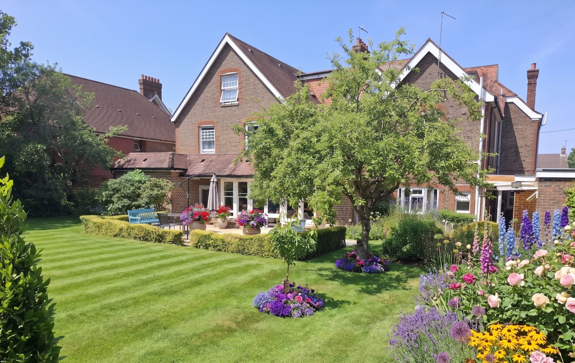 Ferndale Nursing Home, a detached house in Crawley, West Sussex, with its flower garden in bloom