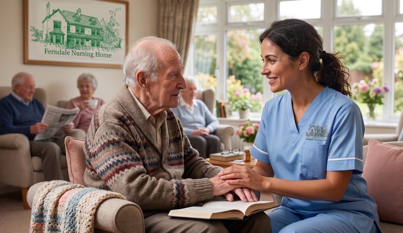 A Ferndale nurse sitting and holding hands with an elderly resident, chatting warmly as he reads a book in the lounge