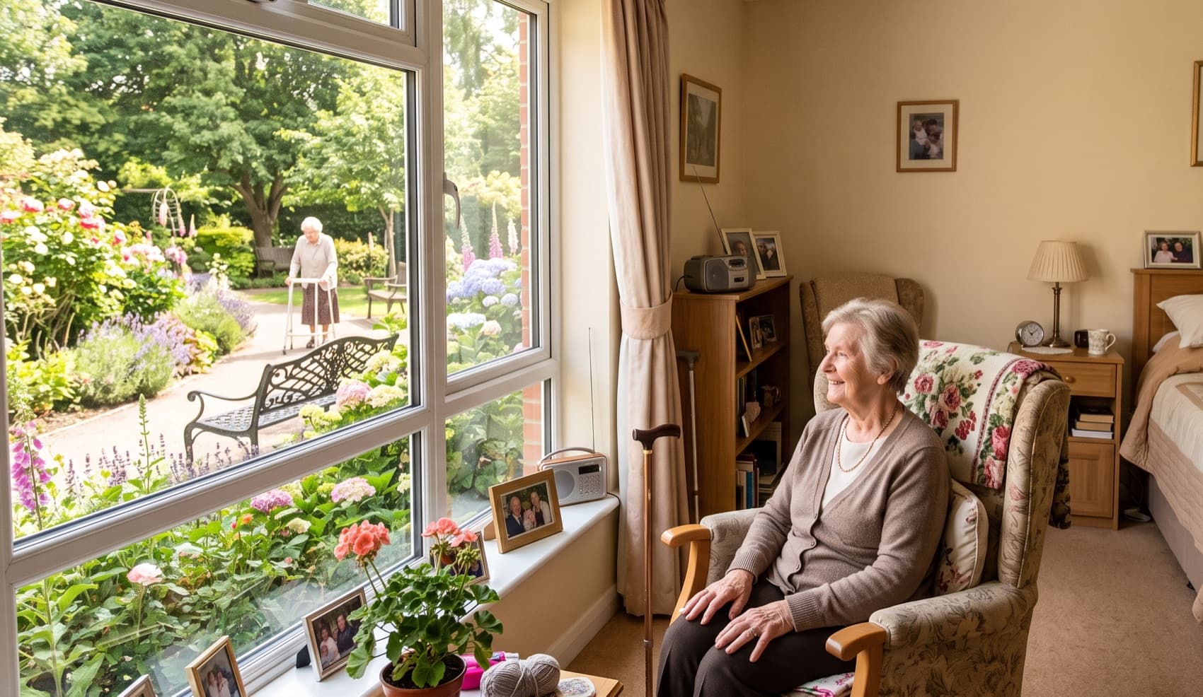 A resident at Ferndale relaxing in her bright, personal room, looking out onto the garden